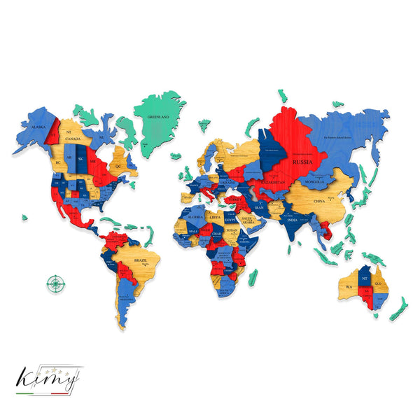 Kimy Design™️ 🇮🇹 - Wood Map 3D - Planisfero Legno In 3D - Color - Kimy Design