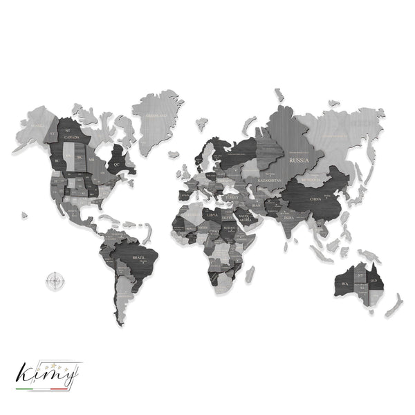 Kimy Design™️ 🇮🇹 - Wood Map 3D - Planisfero Legno In 3D - Grey - Kimy Design